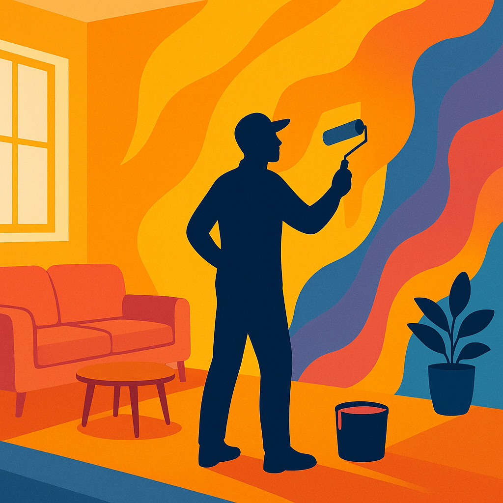 Trabajador pintando un salón moderno con acabado profesional